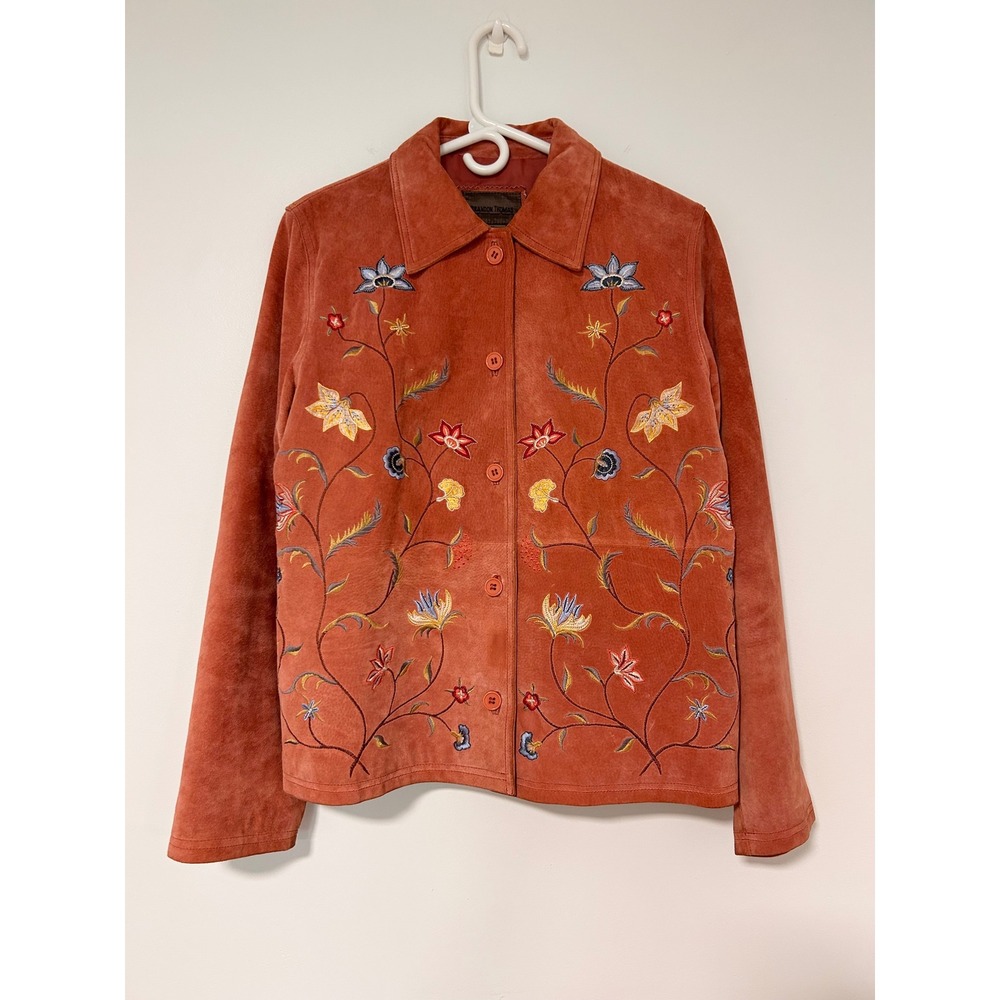 Brandon Thomas Womens Burnt Orange Embroidered Suede Leather Jacket Floral M